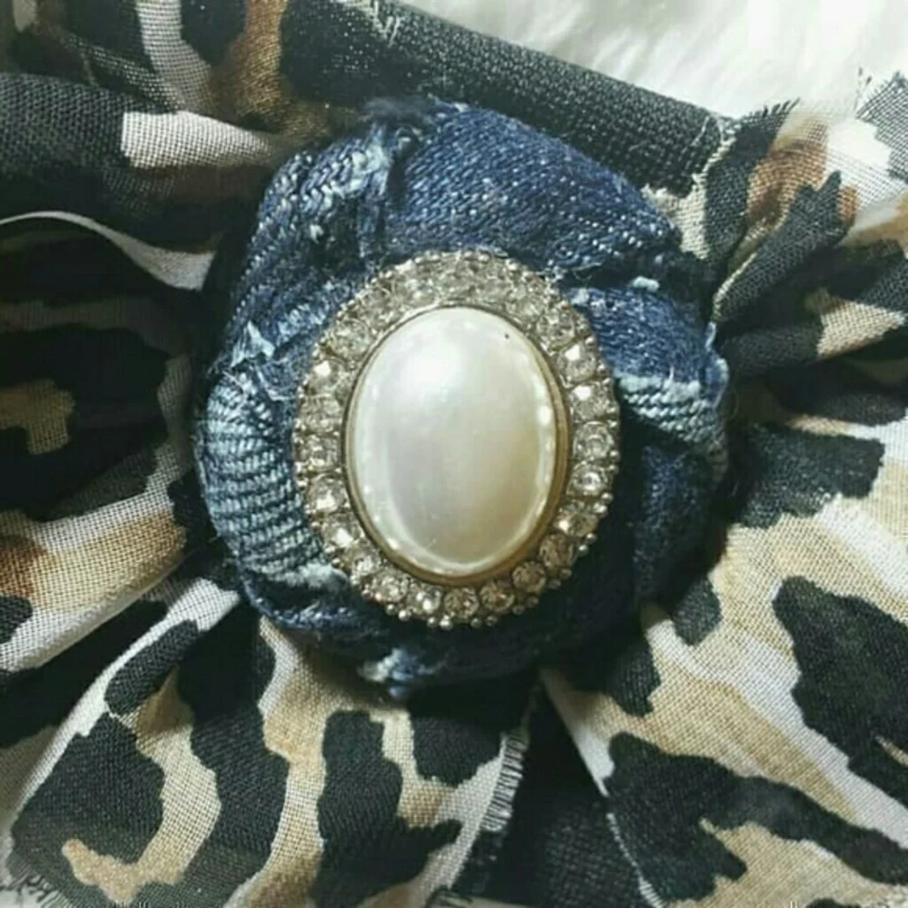 Tasty Raw Edge Leopard Denim Rose Bling Headband